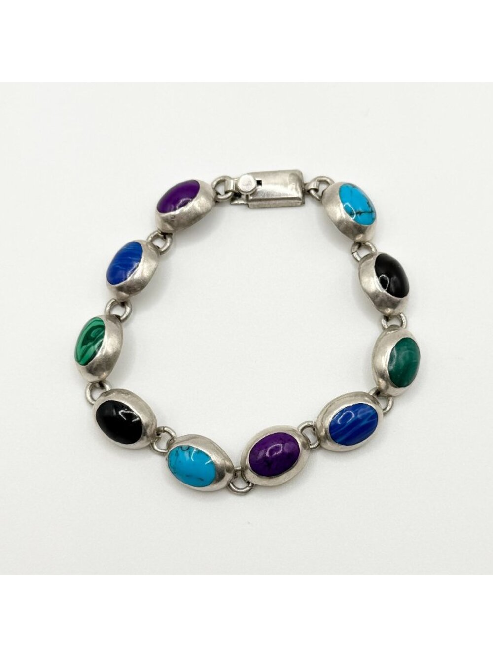 Mexico Multi-Stone 925 Sterling Silver Link Bracelet